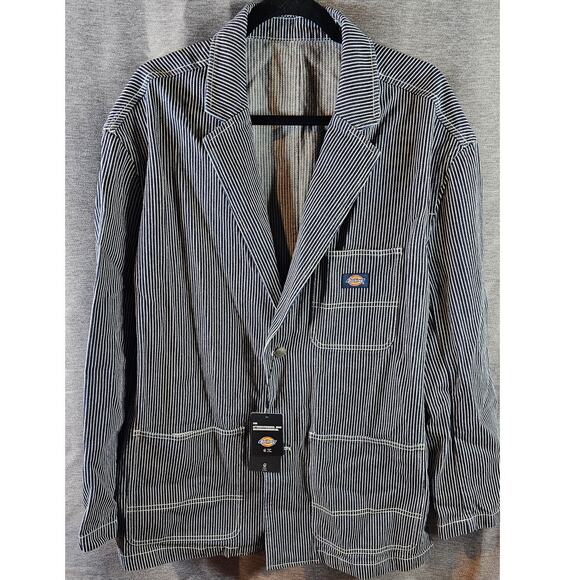 Dickies Jacket Mens Lg Ink Navy Hickory Striped Blazer Oversized NEW Workwear - Picture 1 of 8